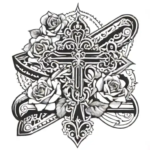 Cross With Roses And The Rosary Wrapped