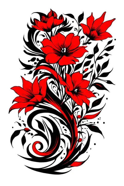 Floreal Black Leg Tatto With Red Traits In Hexcore Style