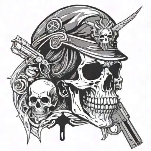 A Woman In Military Uniform With A Skull With Blood Flowing From It And A Revolver In Her Hands