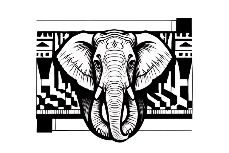 Thin Bicep Band Tattoo Of Ndebele Patterns With An Elephant Head Embedded In The Pattern