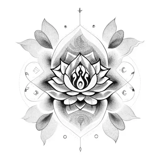 A Blackwork Tattoo Combining Alchemical Symbols With Delicate Lotus Flowers