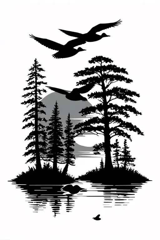 Geese Flying In Nature Elements Like Trees Sunset Over Lake