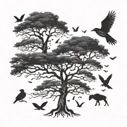 Outline Of Africa With A Tree Sprouting Out The Top Of It And Birds Flying Around It