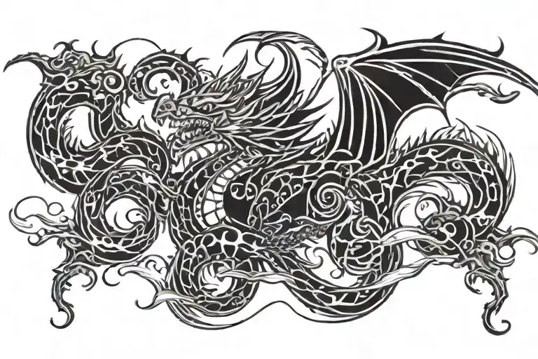 A Dragon With Skulls Floating In Clouds Top Right