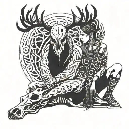 Man With Deer Skull Kneeling In Front Of Girl Sitting On Ground