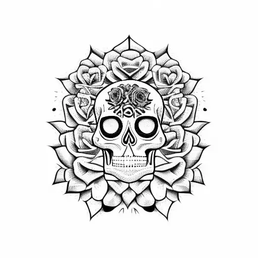 Mexican Skull With Roses And Marigolds