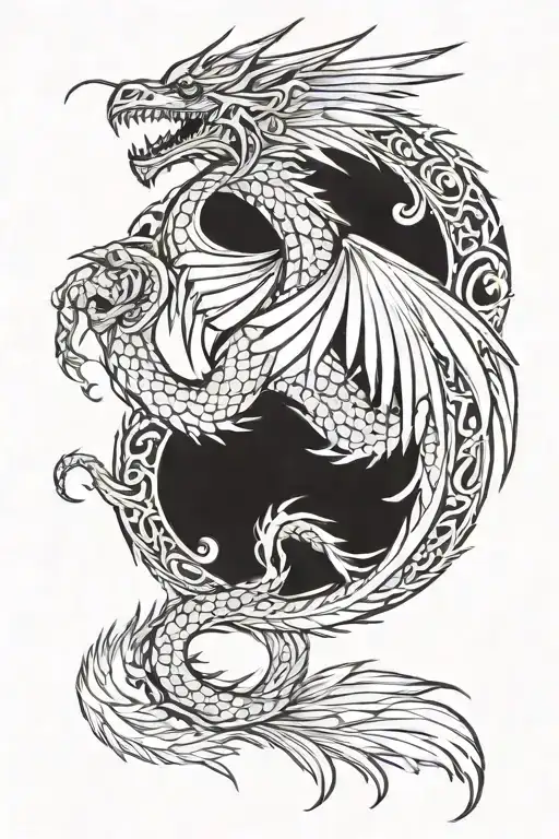 A Dragon With Angelic And Feathered Wings Spread Wide And A Sepent Tail
