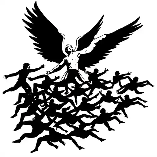 100 People Trying To Climb Over Each Other To Reach An Angel Hovering Above Them