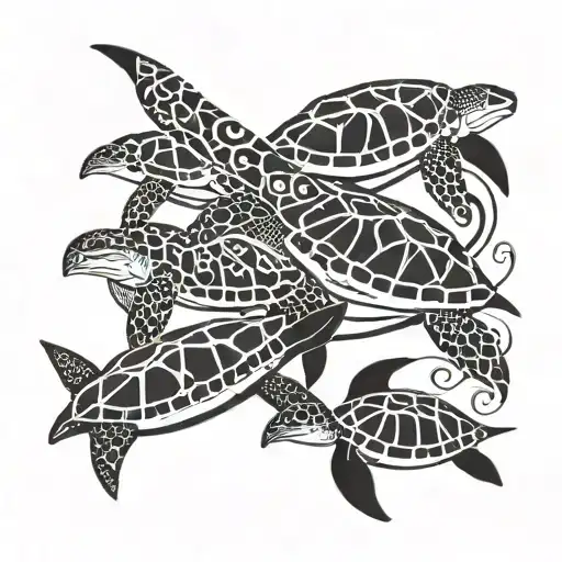 Two Parents Sea Turtles And Two Baby Sea Turtles On Their Backs Inside A Manta Ray