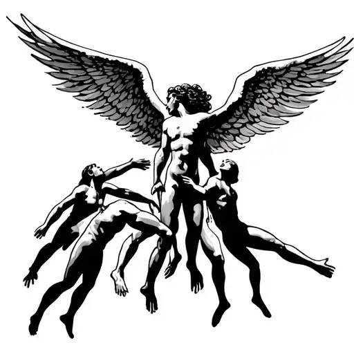 People Are Trying To Climb Over Each Other To Reach The Angel Hovering Above Them