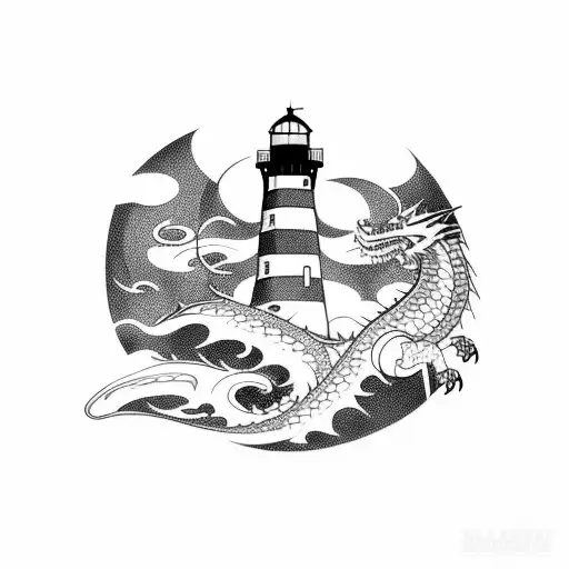 Lighthouse With Crashing Waves And A Dragon Lurking
