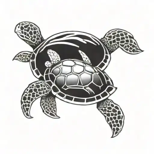 Baby And Dad Sea Turtle Swimming Together