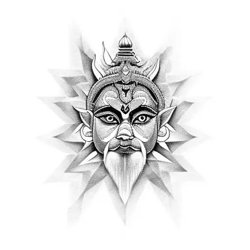 A Mountain Range Transformed Into A Hindu Deity's Face With Intricate Dotwork Details