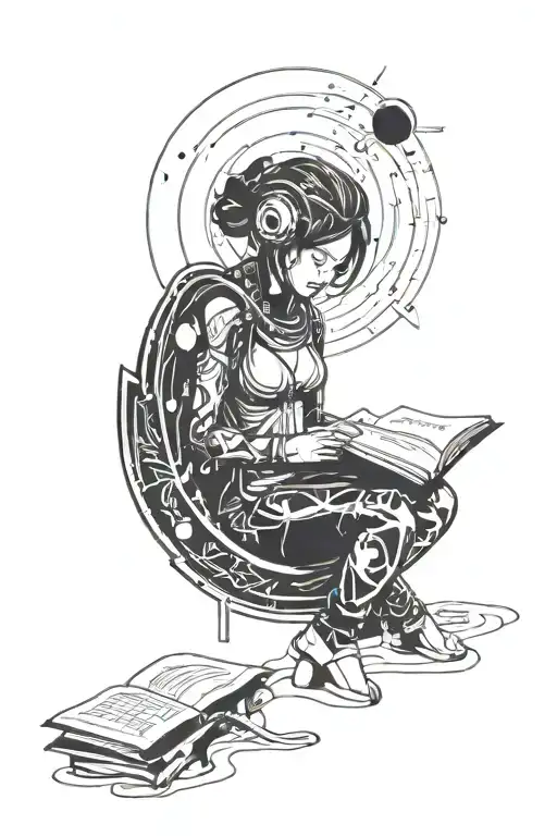 Girl In Space Reading A Book Open In Front