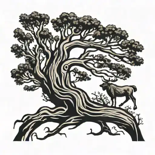 Sequoia Redwood Tree With A Cardinal On A Branch And A Horned Bull By The Roots