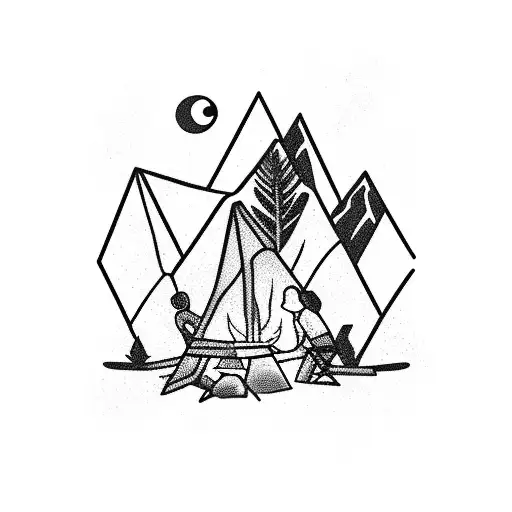 Father Daughter Sitting By A Campfire In The Mountains