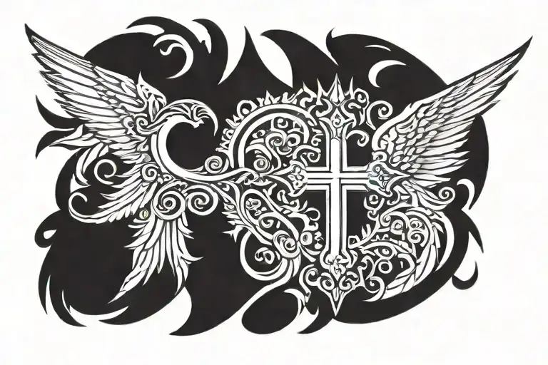 Angel Wings With Cross In The Middle And Shading On The Outside