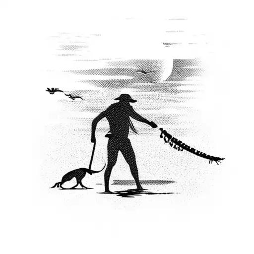 A Realistic Depiction Of A Mexican Beach Sunset With A Silhouette Of A Fisherman And His Dog