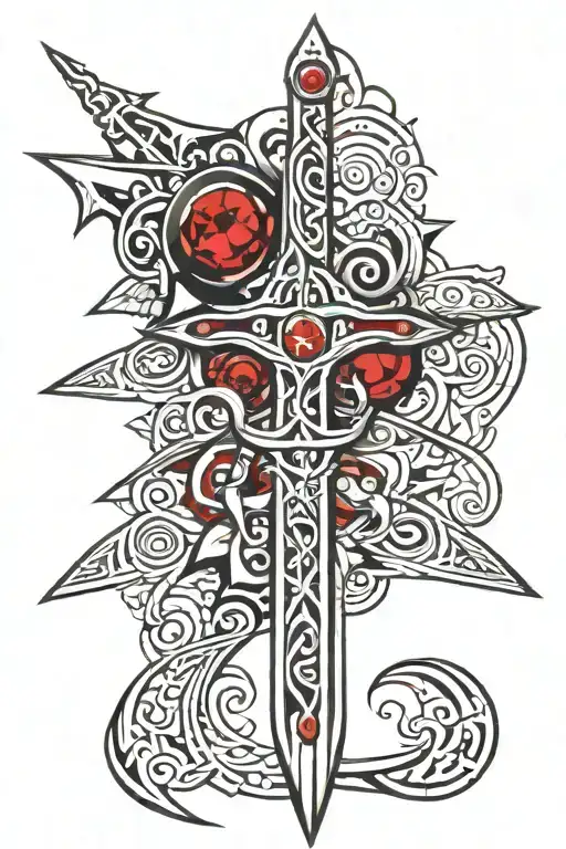 Sword With A Red Ruby In The Centre Of The Hilt Facing Down Tilted