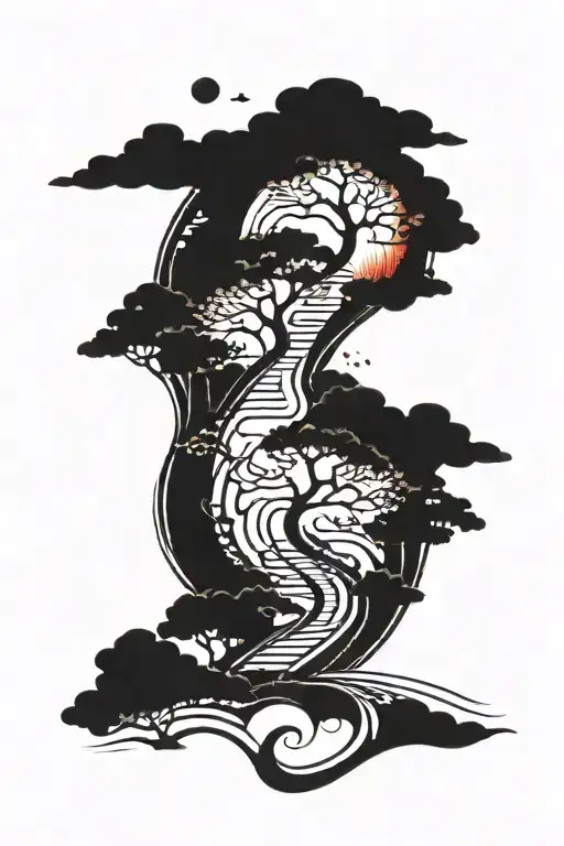 A Winding Road Surrounded By Sakura Trees Colors Sunset