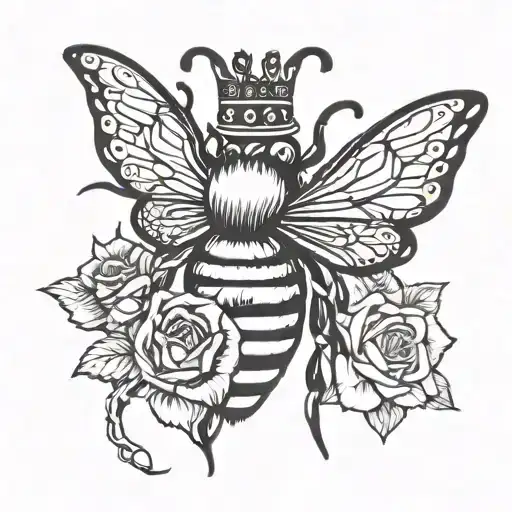 Queen Bee With Crown And Single Rose Intertwined