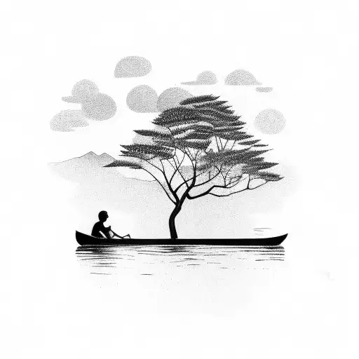 Father And Son In Canoe Going Down River Trees On Side