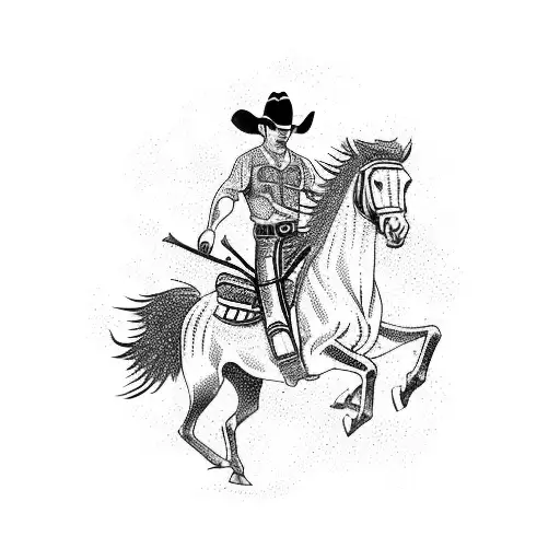 Banded Tatoo On The Arm With Red Orange Hues And A Cowboy Riding A Horse Fast In The Middle