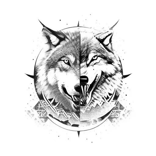 Wolf Hiding From Moon Behind Samurai Mask