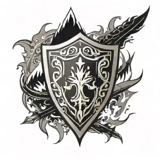 A Flaming Medieval Shield In Front Of A Mountain