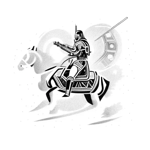 A Futuristic Cyborg Warrior Riding A Mechanical Horse Holding A Laser Sword In Its Left Hand