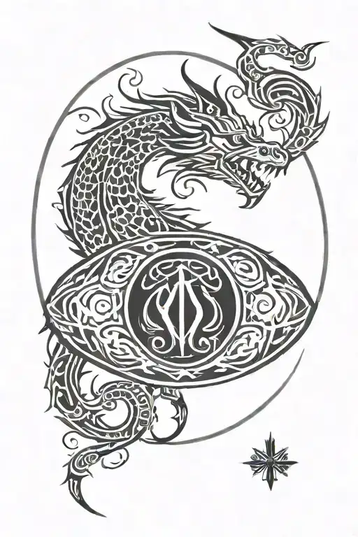 Minimalist Heraldic Dragon Serpent Surrounding Oval Shield