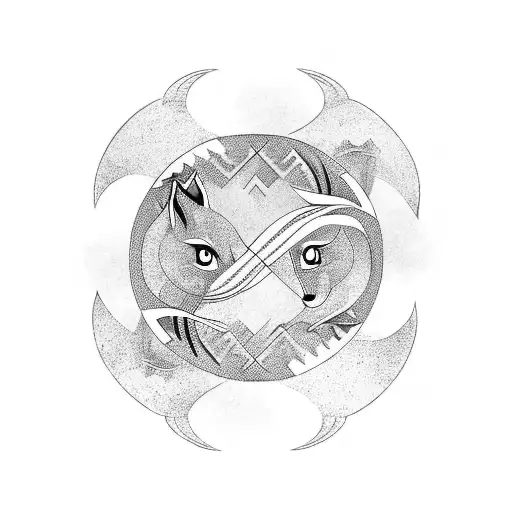 Fox And Cat Circling Like In Ying-yang Sign Wrapped With Western Dragon