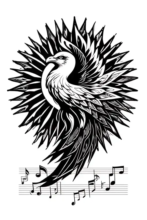 Geometric Phoenix Rising Inside A Sun Intertwined With Music Notes