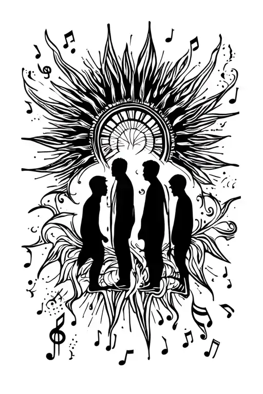 A Tattoo Of 3 Brothers Silhouette Surrounded By Music Inside The Sun
