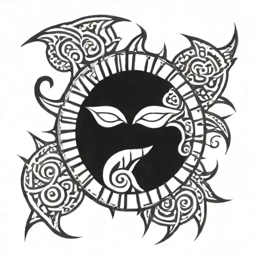 Evil Red Grinning Sun With Tusks Tattoo Design