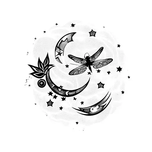 Moon With Dragonfly And Stars
