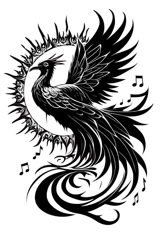 Geometric Phoenix Rising Inside A Sun Surrounded By Music