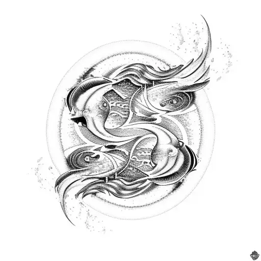 Pisces With Sea Waves In The Background And Fire At The Outer Boundary