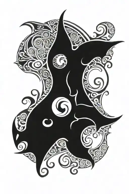 Bat Maori Tribal Back Tattoo Design With Ying Yang Include