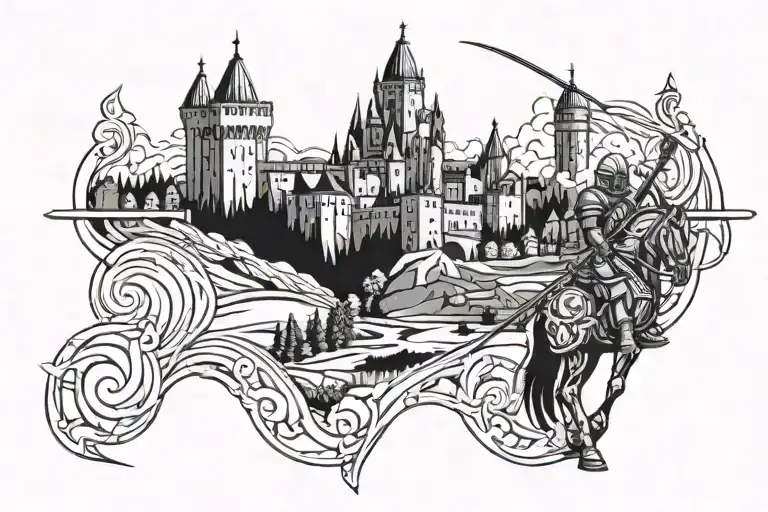 Full Knight Looking At Castle With Landscape And Details Of Black Lines
