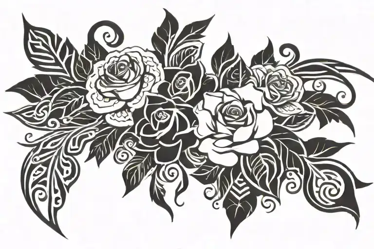 Polynesian Flower And English Rose With Tribal Pattern