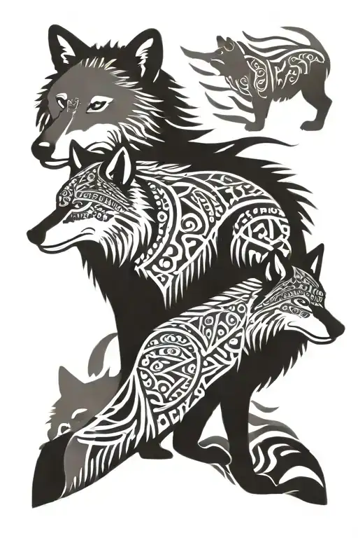 Grey Wolf And Two Cubs West African Tribal Patterns