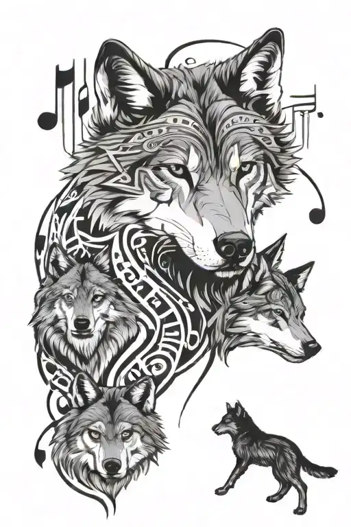 Grey Wolf And Two Cubs Surrounded My Music Notes