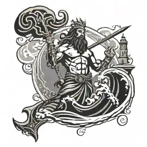 Poseidon Holding A Trident With Lighthouse