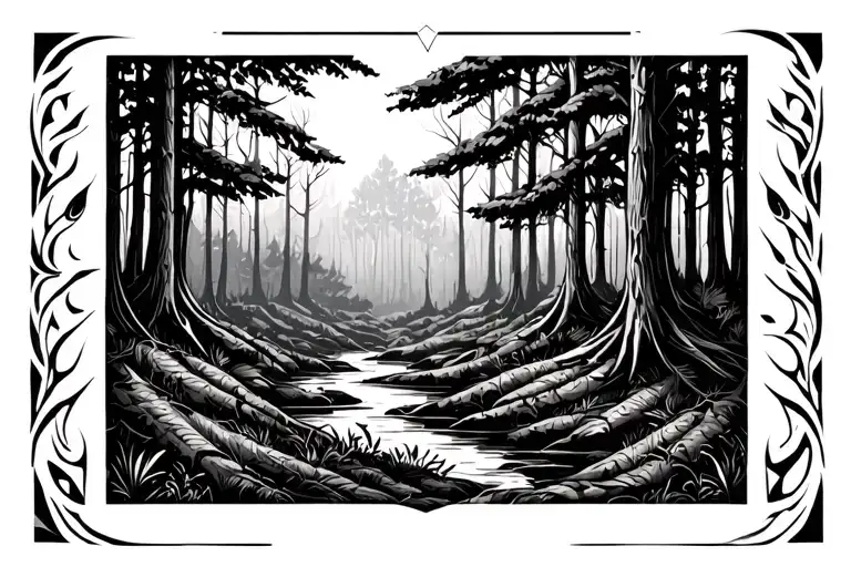 A Forest Scene With Tribal Borders On Both Sides