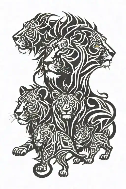 Male Lion And 3 Cubs Playing