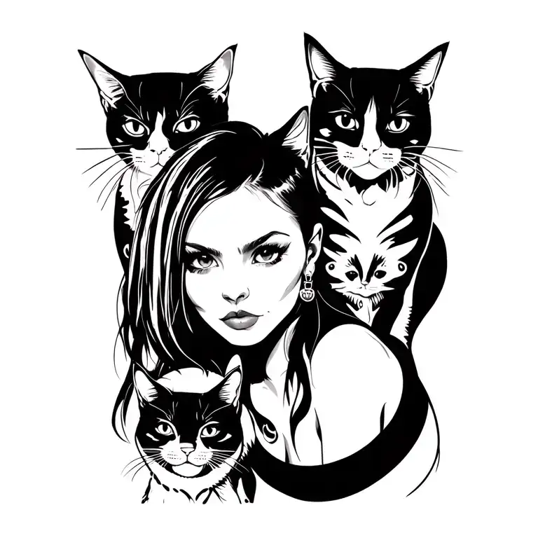Punk Rock Girl With Gang Of Cats