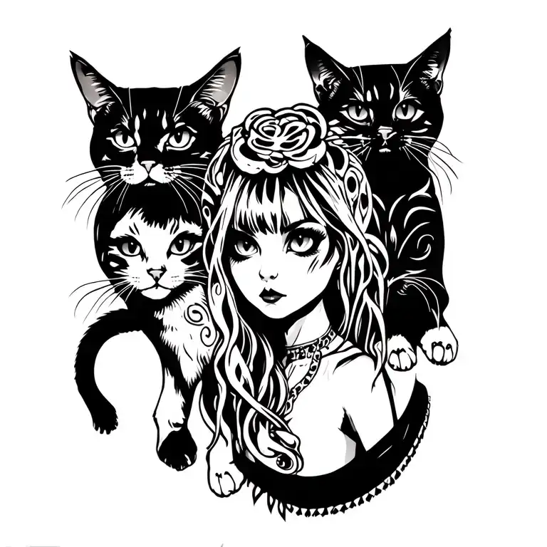 Punk Rock Girl With Gang Of Cats