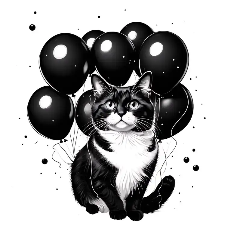 Black And White Cat Floating With Black Balloons Floating In Space