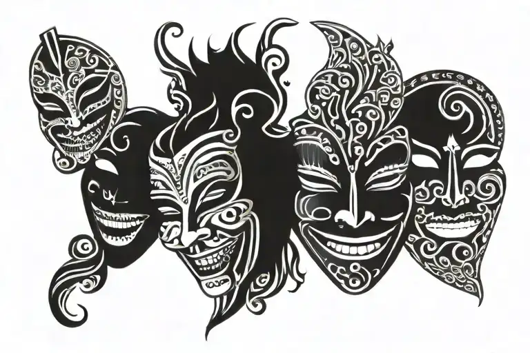 Mini Tattoo Theater Masks Laughter And Crying Black And White Small With Shadows